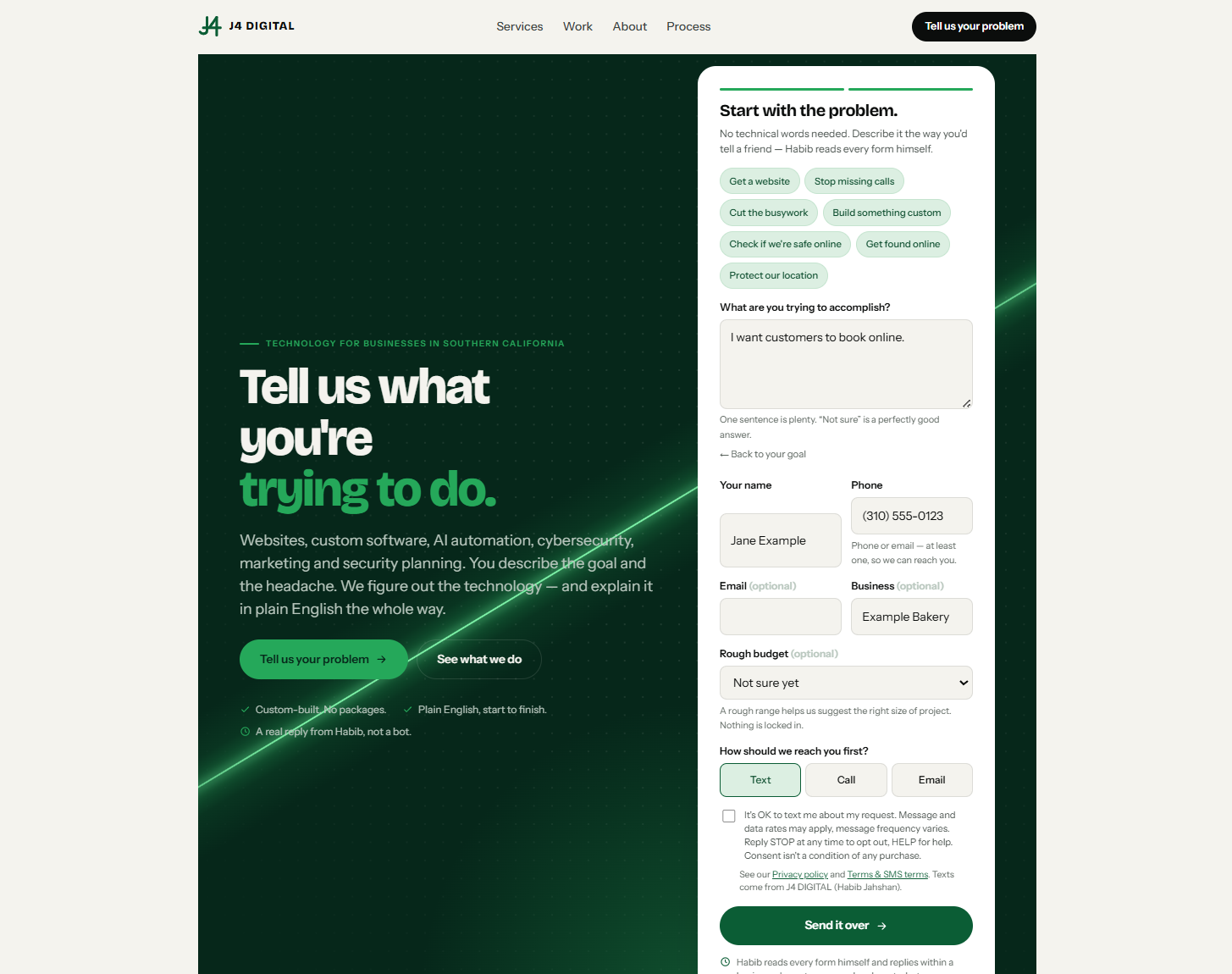 Screenshot of the J4 DIGITAL inquiry form: name, phone number, the unchecked SMS consent checkbox with its wording, links to the privacy policy and terms, and the Send it over button