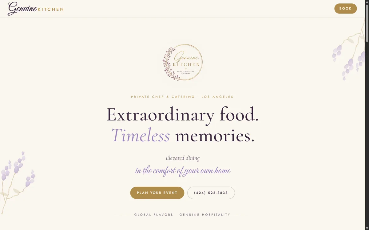 Genuine Kitchen website: hero with the chef's photo and an event-request form
